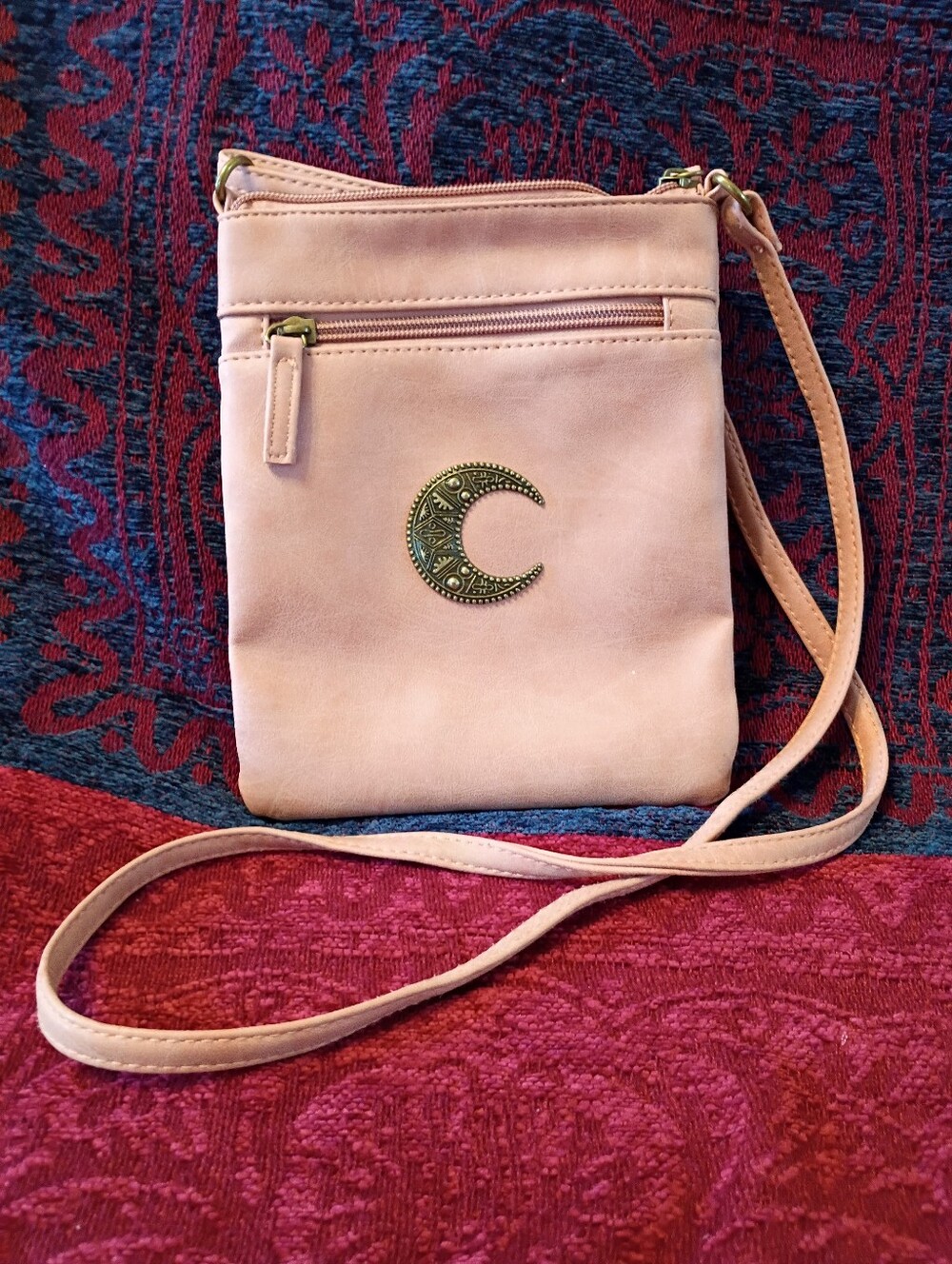 Pink Boho Crossbody Bag with Crescent Moon Emblem